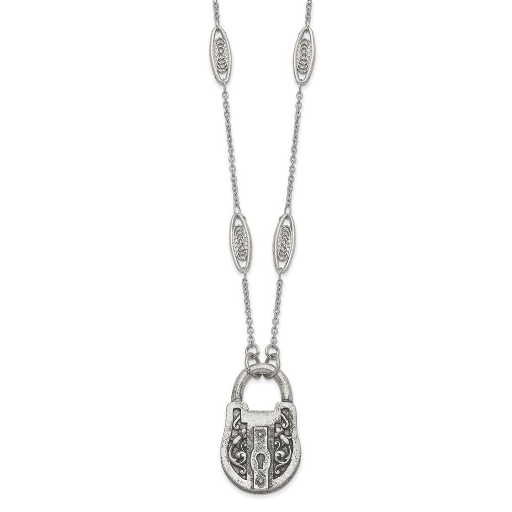 Fligree Stations, Aniqued Pewter-tone Vintage Filigree Pattern Lock 30" Necklace